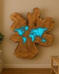 Neldi Art Gallery - Product, Abstract Olive Wood World Map with Blue Glass Inlay