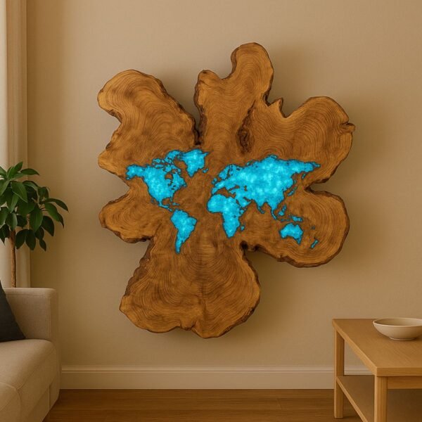 Neldi Art Gallery - Product, Abstract Olive Wood World Map with Blue Glass Inlay