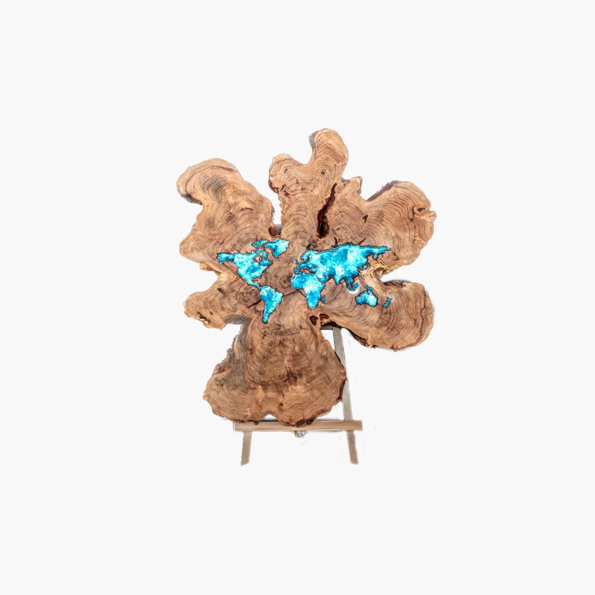Neldi Art Gallery - Product, Abstract Olive Wood World Map with Blue Glass Inlay